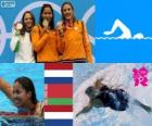 Podium swimming 50 m women's freestyle, Marleen Veldhuis, Ranomi Kromowidjojo (Netherlands) and Aliaxandra Herasimenia (Belarus) (Netherlands) - London 2012 -