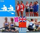 Podium rowing weomen's lightweight double sculls, Katherine Copeland, Sophie Hosking (United Kingdom), Xu Dongxiang, Hunag Wenyi (China) and Alexandra Tsiavou, Jristina Giazitzidou (Greece) - London 2012 -