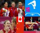Podium gymnastics in women's trampoline, Rosannagh Maclennan (Canada), Huang Shanshan and He Wenna (China) - London 2012 -