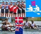 Podium rowing men's lightweight double sculls, Mads Rasmussen, Rasmus Quist (Denmark), Zach Purchase, Mark Hunter (United Kingdom) and Storm Uru, Peter Taylor (New Zealand) - London 2012-