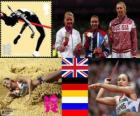 Podium Athletics women's heptathlon, Jessica Ennis (United Kingdom), Lilli Schwarzkopf (Germany) and Tatiana Chernova (Russia), London 2012