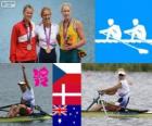 Podium rowing women's single sculls, Miroslava Knapkova (Czech Republic), Fie Udby Erichsen (Denmark) and Kim Crow (Australia), London 2012