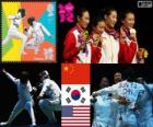 Podium fencing women's team, China, Korea of the South and the United States, London 2012
