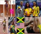 Podium Athletics 100 m women, Shelly-Ann Fraser-Pryce (Jamaica), Carmelita Jeter (United States) and Veronica Campbell-Brown (Jamaica), London 2012