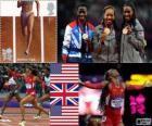 Athletics women's 400 m podium, Sanya Richards-Ross (United States), Christine Ohurougu (United Kingdom) and DeeDee Trotter (United States), London 2012