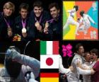 Men's foil team fencing podium, Italy, Japan and Germany, London 2012