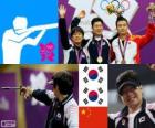 Shooting men's 50 metre pistol podium, Choi Young-Rae, Jon-Goh Jin (South Korea) and Wang Zhiwei (China), London 2012