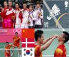 Men's double Badminton podium, Cai Yun-Fu Haifeng (China), Mathias Boe and Carsten Mogensen (Denmark) and Chung Jae-Sung, Lee Yong-Dae (South Korea), London 2012