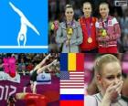 Women's vault artistic gymnastics podium, Sandra Izbaşa (Romania), McKayla Maroney (United States) and Maria Paseka (Russia), London 2012