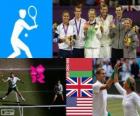 Podium tennis doubles mixed, Victoria Azarenka, Max Mirnyi (Belarus), Laura Robson and Andy Murray (United Kingdom) Lisa Raymond, Mike Bryan (United States), London 2012