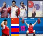 Podium weightlifting over 75 kg women, Zhou Lulu (China), Tatiana Kashirina (Russia) and Hripsime Jurshudian (Armenia), London 2012