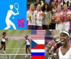 Podium tennis women's doubles, Serena Williams, Venus Williams (United States), Andrea Hlavackova, Lucie Hradecka (Czech Republic) and Maria Kirilenko, Nadia Petrova (Russia), London 2012