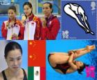 Podium jump women's 3 metre springboard, Wu Minxia, He Zi (China) and Laura Sánchez Soto (Mexico), London 2012