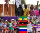 Athletics women's marathon podium, Tiki Gelana (Ethiopia), Priscah Jeptoo (Kenya) and Tatiana Petrova Arkhipova (Russia), London 2012