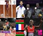 Podium Athletics men's 3000 m steeplechase, Ezekiel Kemboi (Kenya), Mahiedine Mekhissi-Benabbad (France) and Abel Mutai Kiprop (Kenya), London 2012