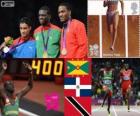 Athletics men's 400 m podium, Kirani James (Granada), Luguelin Santos (Dominican Republic) and Lalonde Gordon (Trinidad and Tobago), London 2012