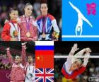 Podium artistic gymnastics uneven bars, Aliya Mustafina (Russia), HeKexin (China) and Elizabeth Tweddle (UK), London 2012