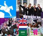 Podium equestrian team jumping, United Kingdom, Netherlands, and Saudi Arabia, London 2012