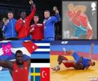 Podium men's Greco-Roman 120 kg, Mijail López Núñez (Cuba), Heiki Nabi (Estonia), Johan Euren (Sweden) and Riza Kayaalp (Turkey), London 2012