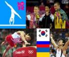 Men's vault artistic gymnastics podium, Yang Hak-Seon (Korea South), Denis Abliazin (Russia) and Igor Radivilov (Ukraine), London 2012