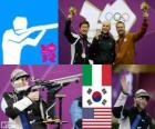 Podium shooting men's 50 metre rifle three positions, Niccolo Campriani (Italy), Kim Yong-Hyun (South Korea) and Matthew Emmons (United States), London 2012