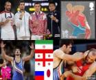 Podium men's Greco-Roman 60 kg, Omid Noroozi (Iran), Revaz Lashji (Georgia), Zaur Kuramagomedov (Russia) and Ryutaro Matsumoto (Japan), London 2012