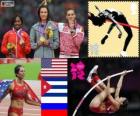 Podium Athletics Women's pole vault, Jennifer Suhr (United States), Yarisley Silva (Cuba) and Elena Isinbayeva (Russia), London 2012