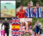 Men's Triathlon podium, Alistair Brownlee (United Kingdom), Javier Gómez Noya (Spain) and Jonathan Brownlee (United Kingdom), London 2012
