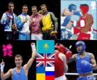 Podium boxing welterweight - 69 kg men's, Serik Sapiyev (Kazakhstan), Fred Evans (United Kingdom), Taras Shelestiuk (Ukraine), and Andrei Zamkovoi (Russia), London 2012