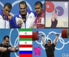 Podium weightlifting over 105 kg, Behdad Salimikordasiabi, Sajjad Anoushiravani (Iran) and Ruslan Albegov (Russia) - London 2012-