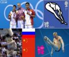 Men's 3 m springboard diving podium, Ilya Zakharov (Russia), Qin Kai and He Chong (China), London 2012