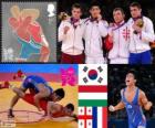 Podium fight Greco-Roman 66 kg male, Kim Hyeon-Woo (South Korea), Tamás Lőrincz (Hungary), Manuchar Tsjadaya (Georgia) and Steeve Guénot (France), London 2012