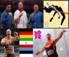 Podium Athletics men's discus throw, Robert Harting (Germany), Ehsan Hadadi (Iran) and Gerd Kanter (Estonia), London 2012