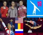 Artistic gymnastics women's floor podium, Alexandra Raizman (United States), Cătălina Ponor (Romania) and Aliya Mustafina (Russia), London 2012