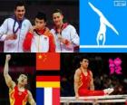 Podium artistic gymnastics parallel bars, Feng Zhe (China), Marcel Nguyen (Germany) and Hamilton Sabot (France), London 2012