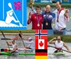 Men's canoe sprint K1 1000m podium, Eirik really Larsen (Norway), Adam van Koeverden (Canada) and Max Hoff (Germany), London 2012