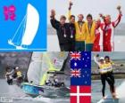 Podium sailing 49er, Nathan Outteridge, Iain Jensen (Australia), Peter Burling, Blair Tuke (New Zealand) and Allan Norregaard, Peter Lang (Denmark), London 2012