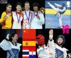 Podium Taekwondo - 49 kg women, Wu Jingyu (China), Brigitte Yagüe (Spain), Chanatip Sonkham (Thailand) and Lucija Zaninović (Croatia), London 2012