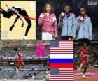 Athletics women's long jump podium, Brittney Reese (United States), Elena Sokolova (Russia), and Janay Deloach (United States), London 2012