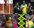 Podium Athletics men's 200 meters, Usain Bolt, Yohan Blake, and Warren Weir (Jamaica), London 2012