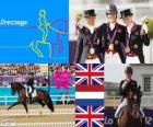 Podium riding dressage individual, Charlotte Dujardin (United Kingdom), Adelinde Cornelissen (Netherlands) and Laura Bechtolsheimer (United Kingdom), London 2012