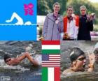 Women's marathon 10 kilometre swimming podium, Eva Risztov (Hungary), Haley Anderson (United States) and Martina Grimaldi (Italy), London 2012