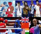 Women's flyweight boxing podium, Nicola Adams (United Kingdom), Ren Cancan (China), Marlen Esparza (United States) and Mery Kom Hmangte (India), London 2012