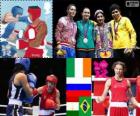 Women's lightweight boxing podium, Katie Taylor (Ireland), Sofya Ochigava (Russia), Mavzuna Chorieva (Tajikistan) and Adriana Araujo (Brazil), London 2012