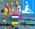 Canoe sprint K1 500 m podium, Danuta Kozak (Hungary), Inna Osypenko (Ukraine) and Bridgitte Hartley (South Africa), London 2012