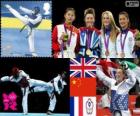 Podium Taekwondo - 57 kg women's, Jade Jones (United Kingdom), Hou Yuzhuo (China), Marlene Harnois (France) and Li-Cheng Tseng (Chinese Taipei), London 2012