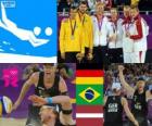 Men's Beach volleyball podium, Julius Brink, Jonas Reckermann (Germany), Alison Cerutti, Emanuel Rego (Brazil), and Mārtiņš Pļaviņš, Jānis Šmēdiņš (Latvia), London 2012