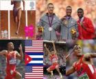 Podium athletics decathlon, Ashton Eaton, Trey Hardee (United States) and Leonel Suarez (Cuba), London 2012