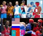 Women's middleweight boxing podium, Claressa Shields (United States), Nadezda Torlopova (Russia), Marina Volnova (Kazakhstan) and Li jinzi (China), London 2012
