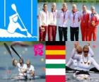Canoe sprint K2 500 m podium, Franziska Weber, Tina Dietze (Germany), Katalin Kovacs, Natasa Janics (Hungary) and Karolina Naja, Beata Mikołajczyk (Poland), London 2012